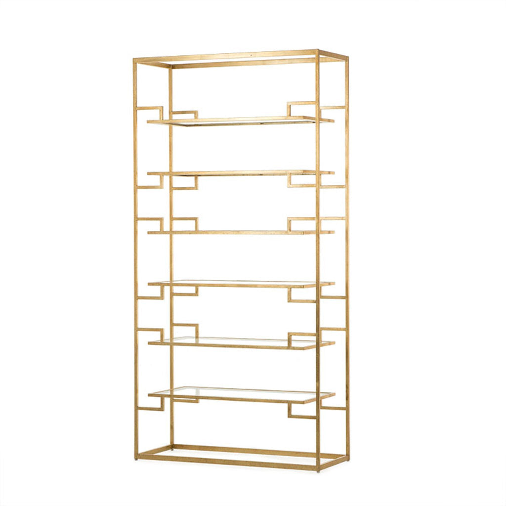 Gold metal frame bookshelf with asymmetrical shelves, ideal for luxurious and modern home office decor.