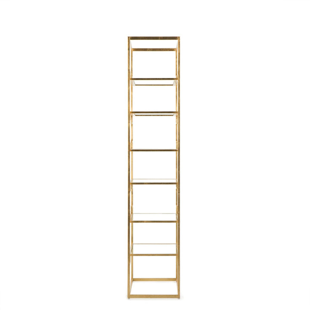 Gold metal frame bookshelf with asymmetrical shelves, ideal for luxurious and modern home office decor, Side look.