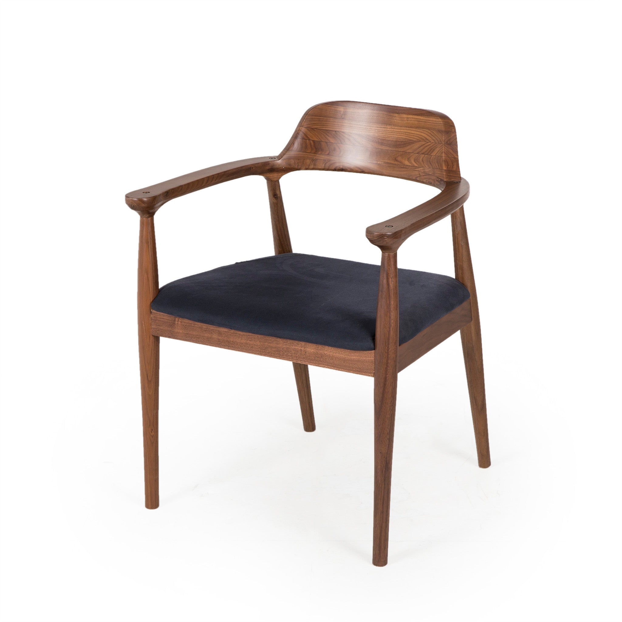 Mid-century modern walnut armchair with a curved backrest and a dark upholstered seat cushion, suitable for stylish dining rooms, Angle view.