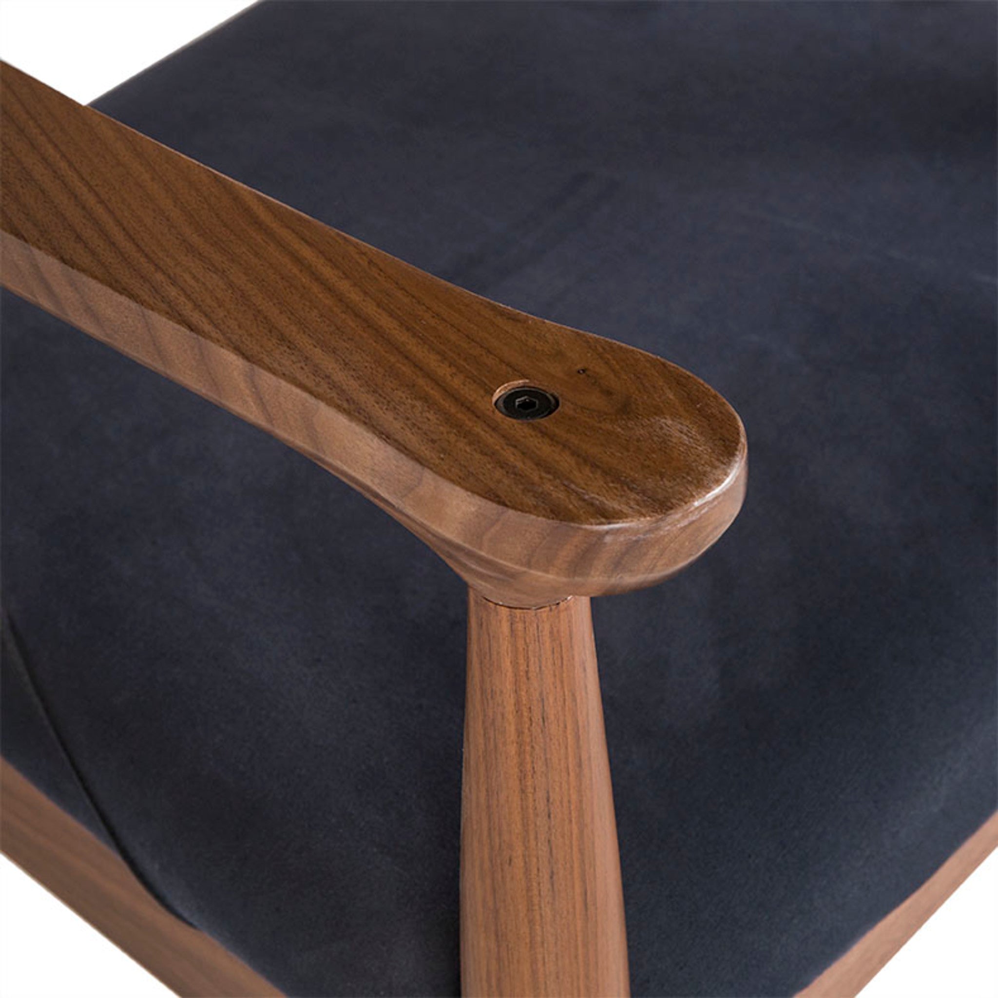 Mid-century modern walnut armchair with a curved backrest and a dark upholstered seat cushion, suitable for stylish dining rooms, Detail view 3.