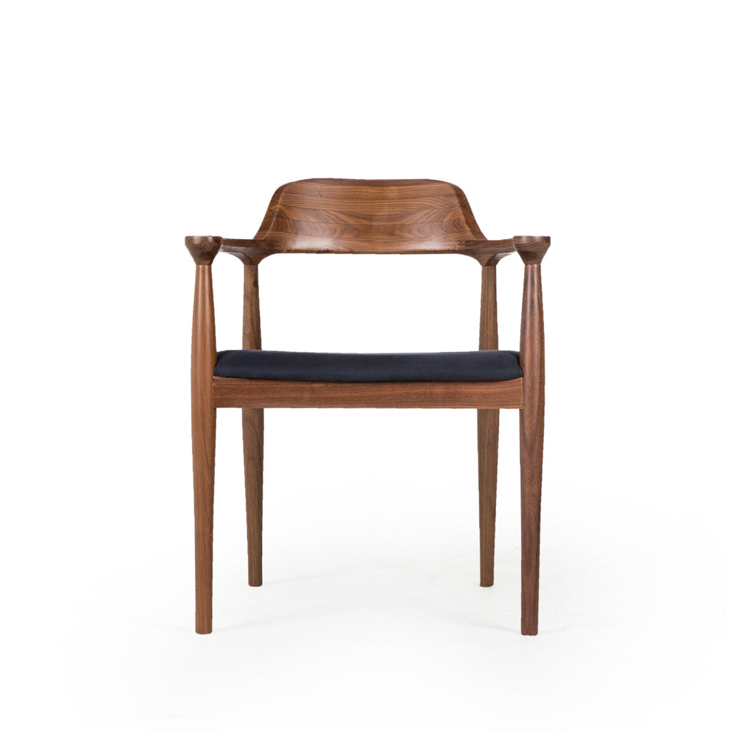 Mid-century modern walnut armchair with a curved backrest and a dark upholstered seat cushion, suitable for stylish dining rooms, Front.