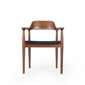 Mid-century modern walnut armchair with a curved backrest and a dark upholstered seat cushion, suitable for stylish dining rooms, Front.