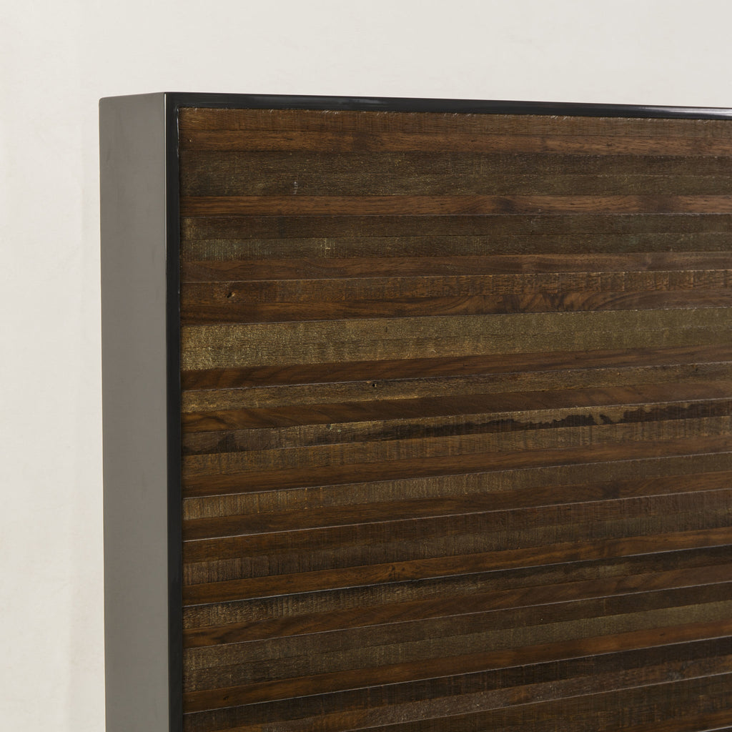 US Queen bed with a modern dark wood design and sleek gold legs, offering a contemporary and elegant addition to any bedroom, Detail View 2.
