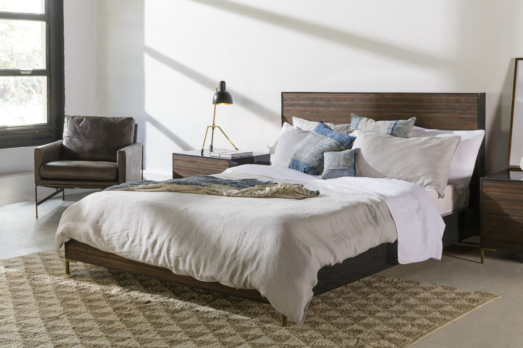 US Queen bed with a modern dark wood design and sleek gold legs, offering a contemporary and elegant addition to any bedroom, Living Room View 2.