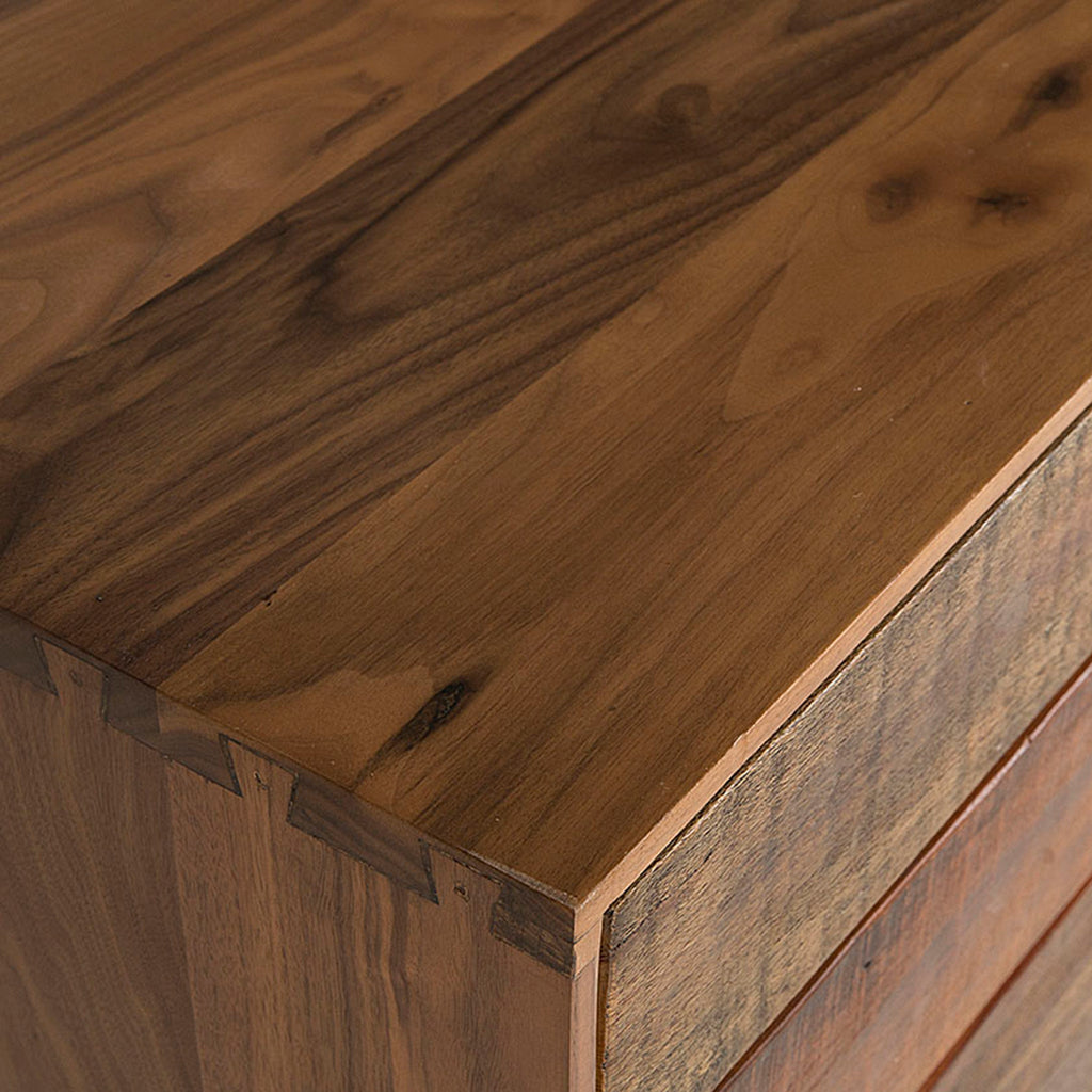 Modern wooden dresser with six spacious drawers and sleek metal handles, offering ample storage and a contemporary touch to any bedroom, Detail View 2.