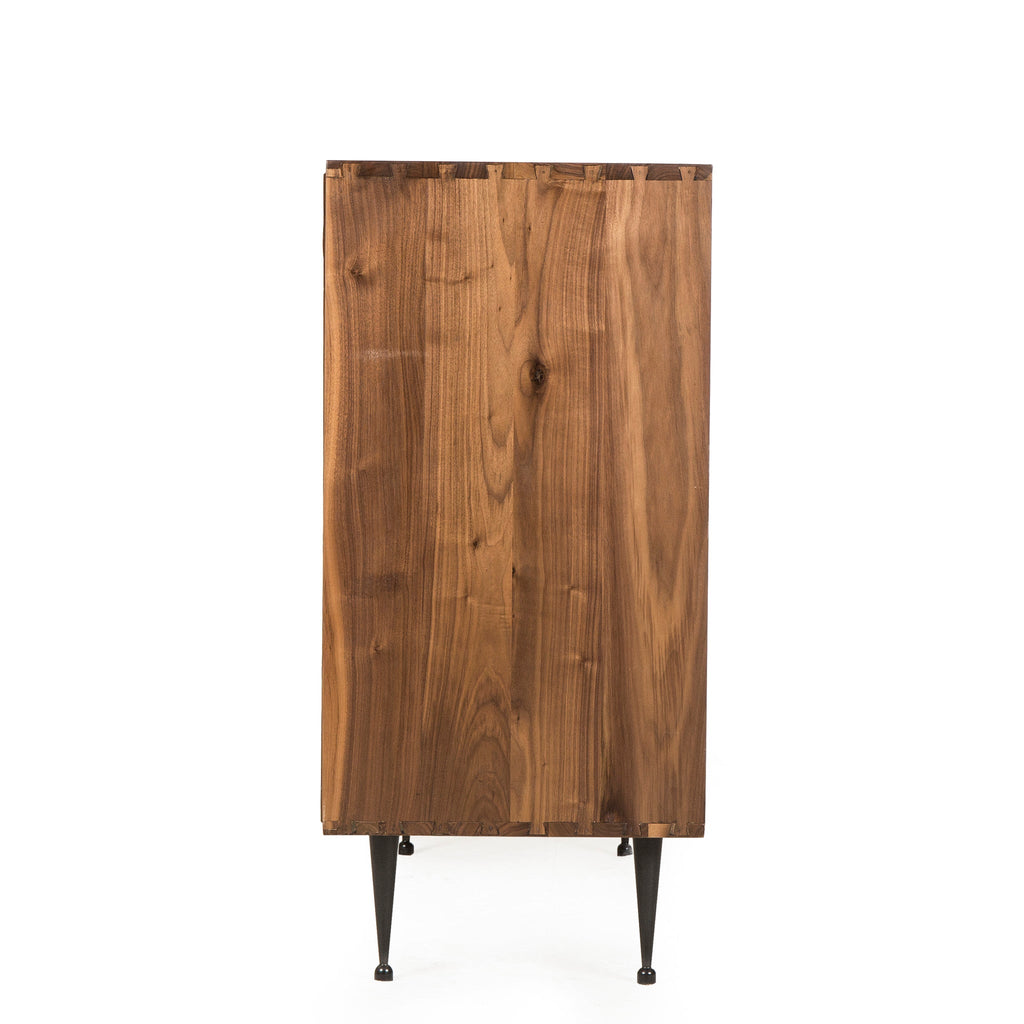 Modern wooden dresser with six spacious drawers and sleek metal handles, offering ample storage and a contemporary touch to any bedroom, Side View.