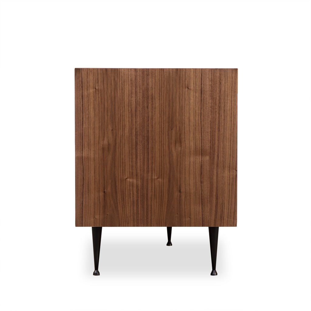  Modern dark wood dresser with four spacious drawers, minimalist design, and tapered legs for versatile storage in any bedroom or living space, Side View..