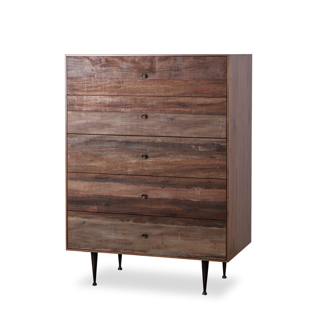Rustic wooden dresser with horizontal planks and round knobs on black metal legs, perfect for bedroom storage solutions, Angle View.