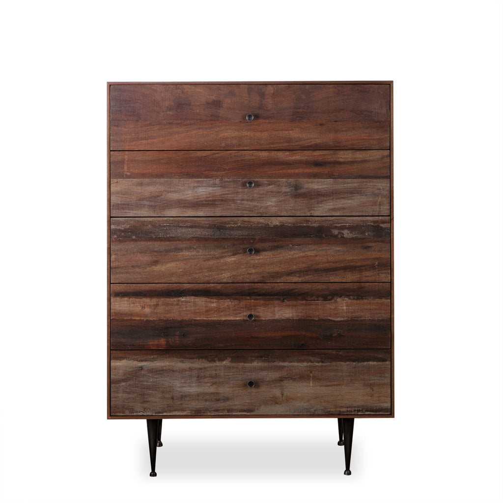 Rustic wooden dresser with horizontal planks and round knobs on black metal legs, perfect for bedroom storage solutions, Front View.