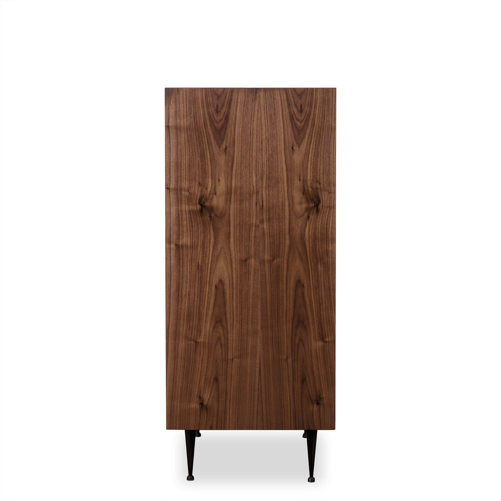 Rustic wooden dresser with horizontal planks and round knobs on black metal legs, perfect for bedroom storage solutions, Side View.