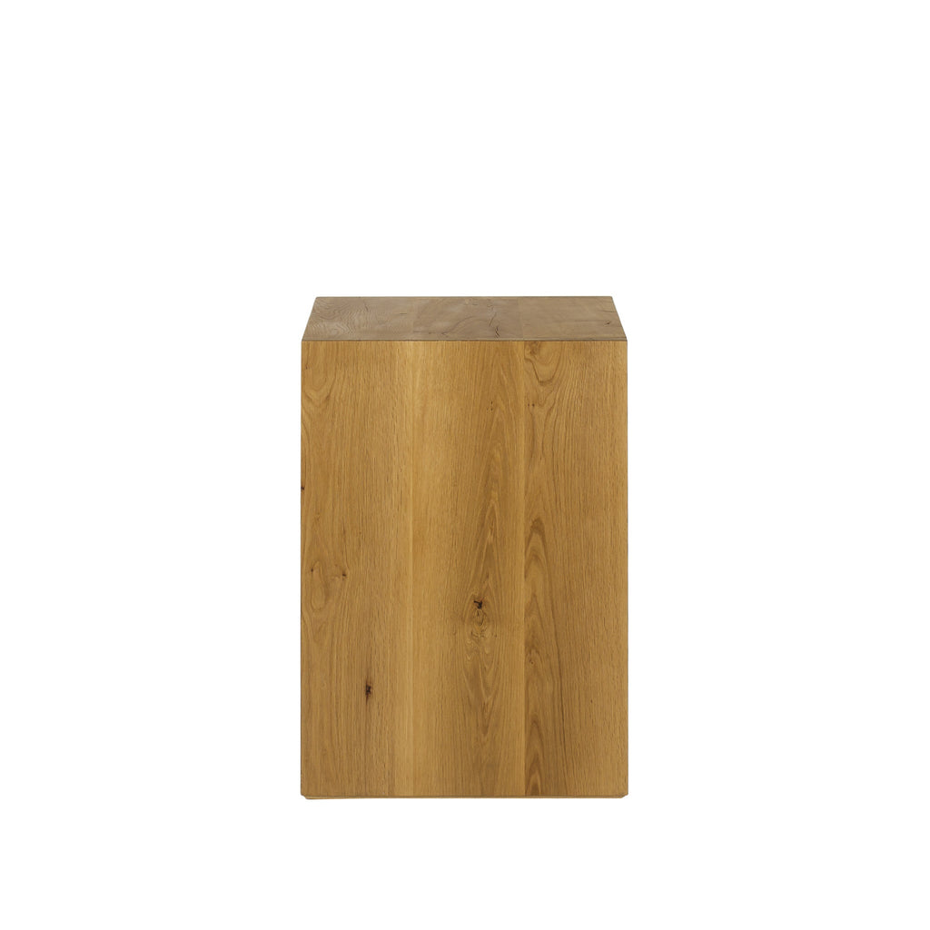 Rustic two-drawer wooden nightstand with a natural wood grain finish, offering a functional and charming storage solution for any bedroom, Side  View.