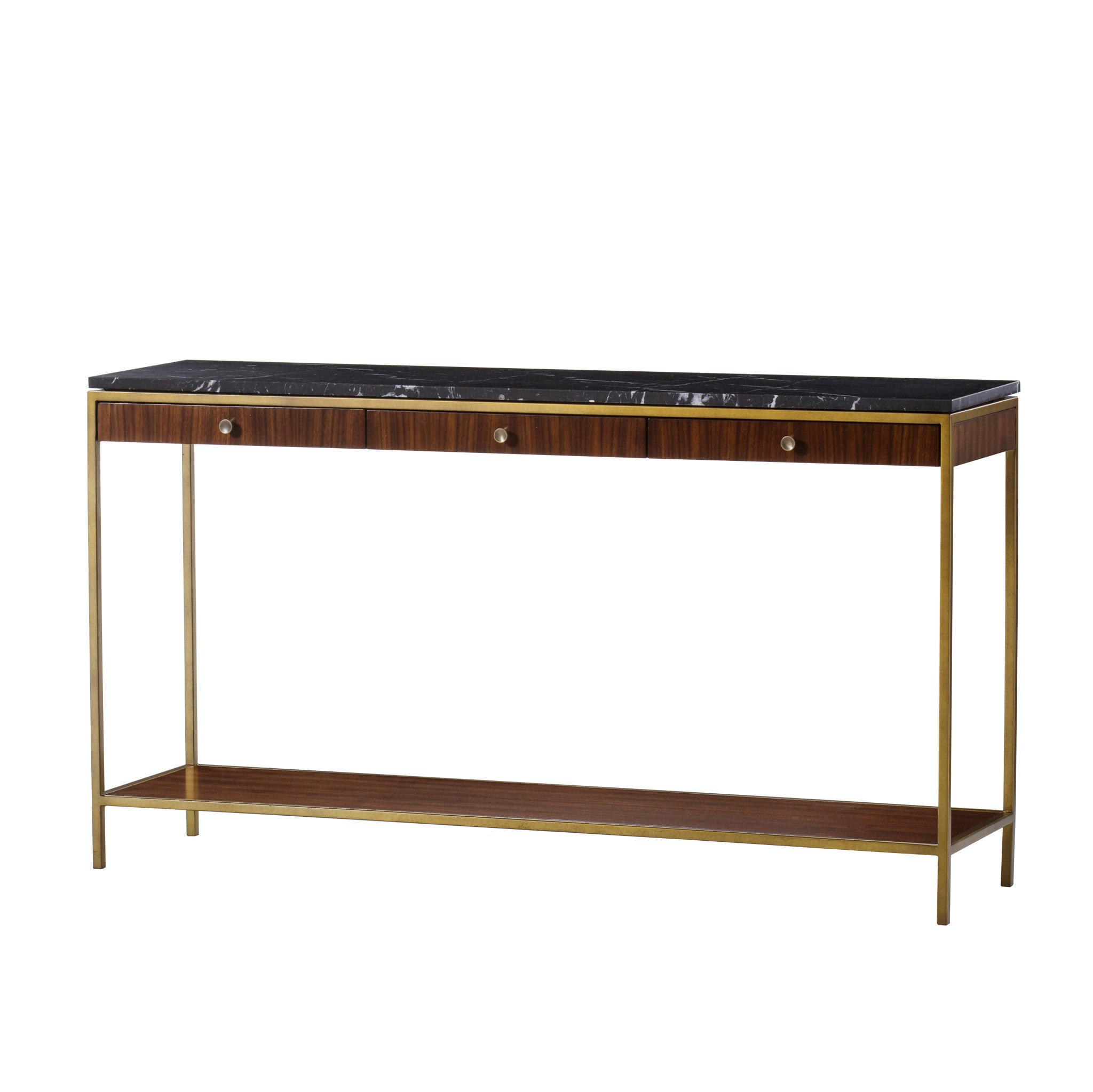 Chic console table with a black marble top, walnut wood drawers, and a brass-finished frame, perfect for luxurious entryways, angle view.