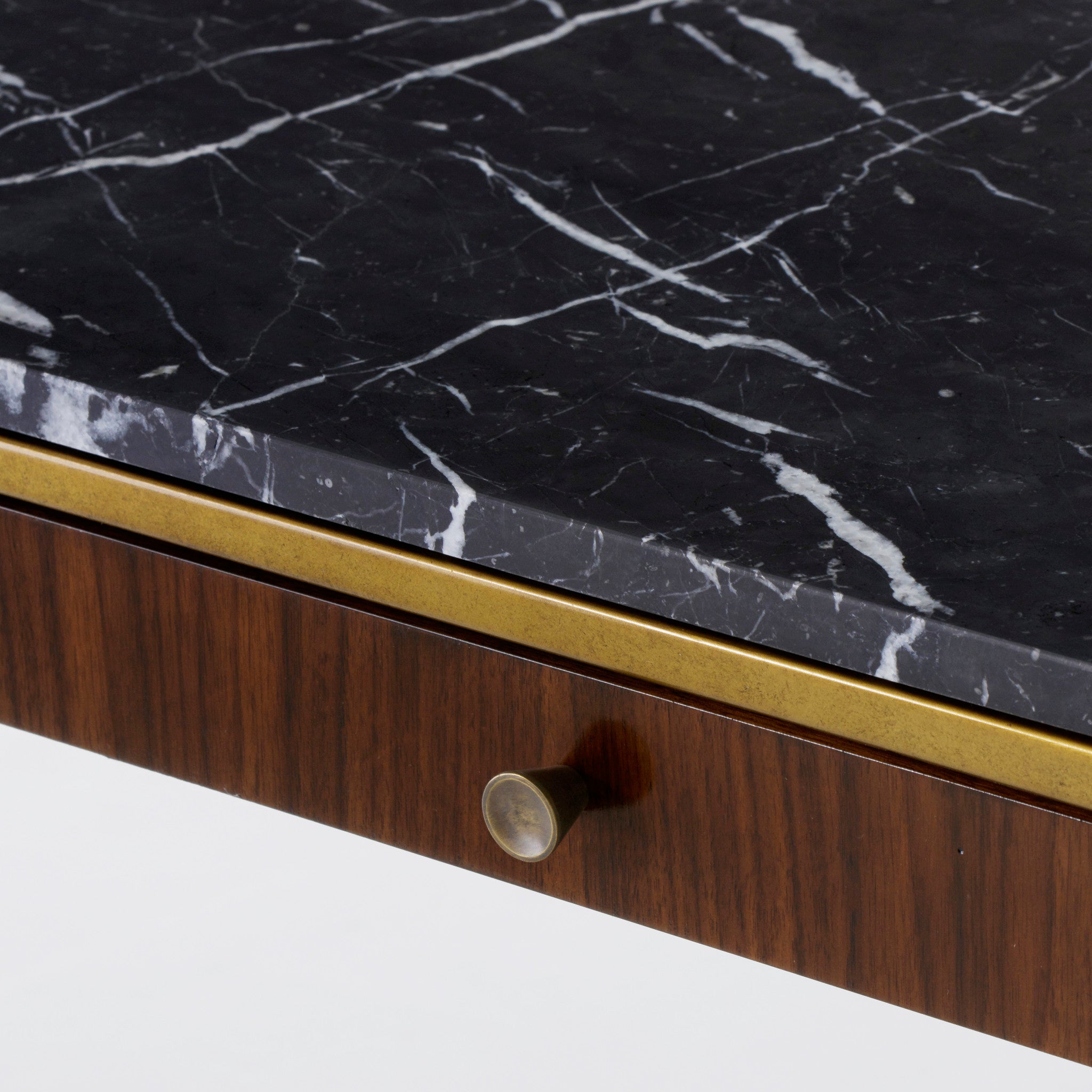 Chic console table with a black marble top, walnut wood drawers, and a brass-finished frame, perfect for luxurious entryways, Detail View 1.