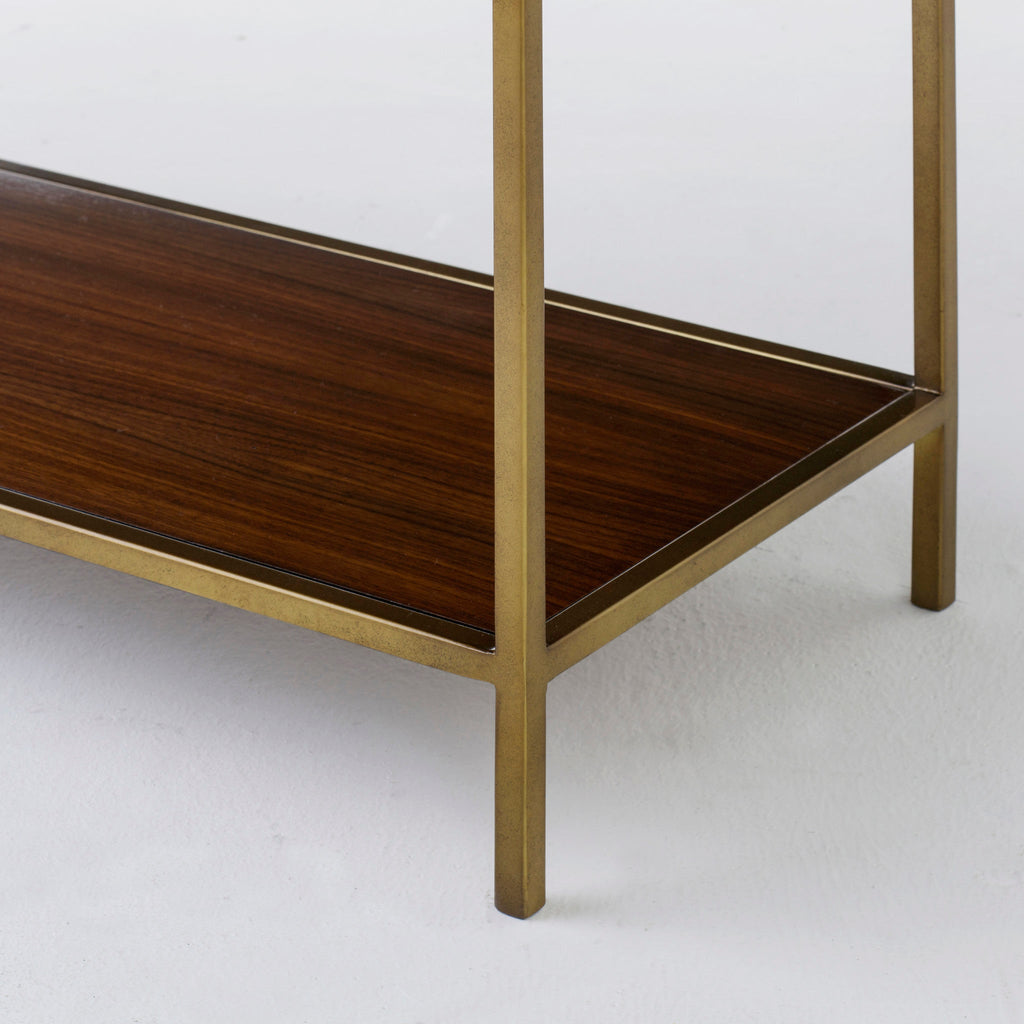 Chic console table with a black marble top, walnut wood drawers, and a brass-finished frame, perfect for luxurious entryways, Detail View 2.