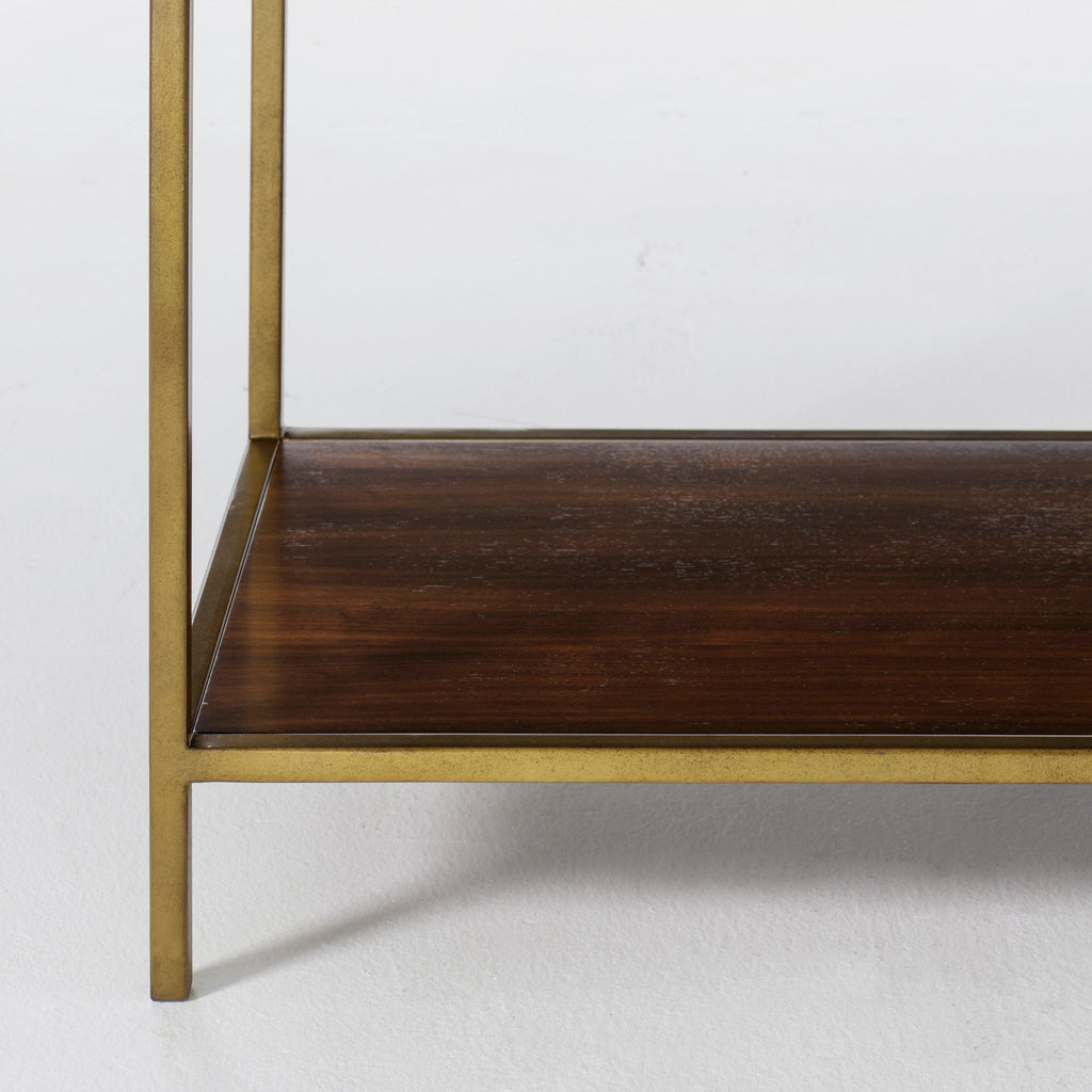 Chic console table with a black marble top, walnut wood drawers, and a brass-finished frame, perfect for luxurious entryways, Detail View 4.