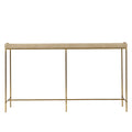 Minimalist console table with a beige textured top and slim metal legs, offering a chic and modern storage solution for any room, Front View.