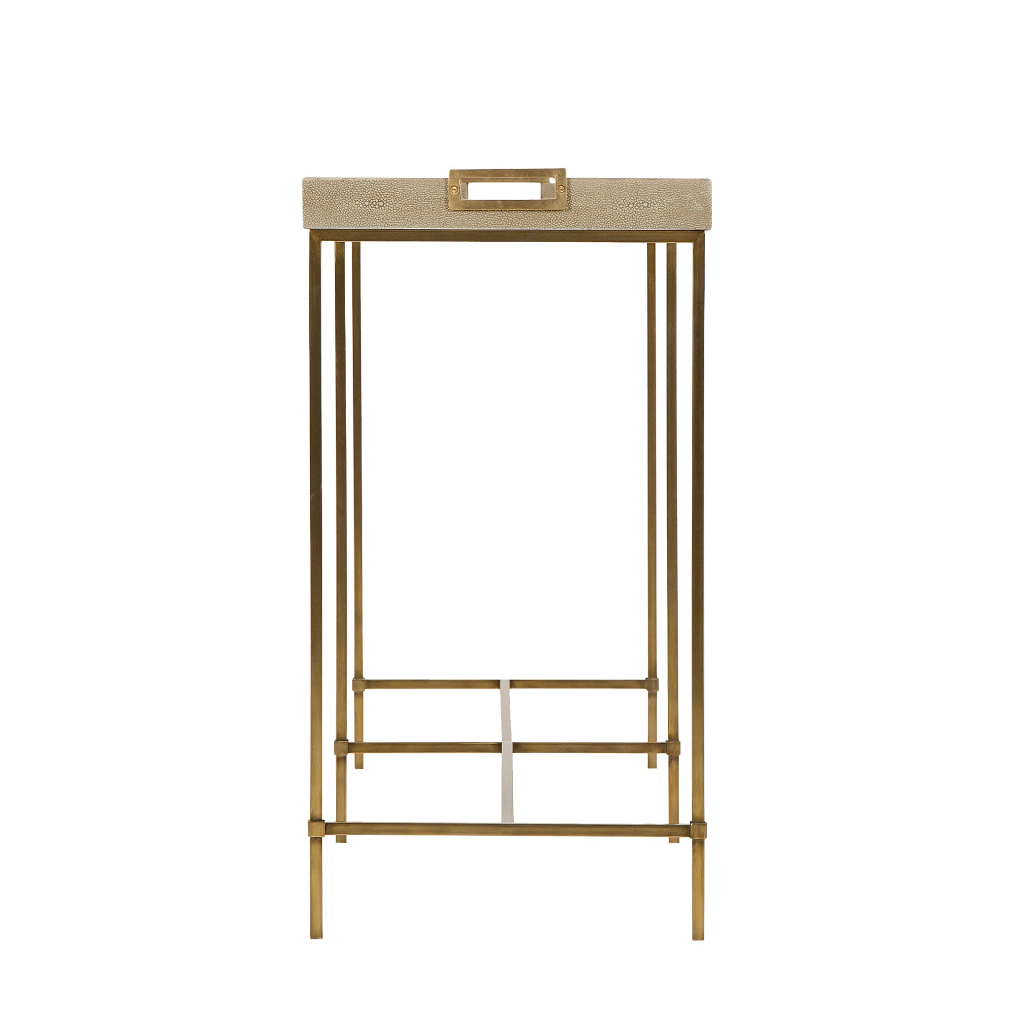 Minimalist console table with a beige textured top and slim metal legs, offering a chic and modern storage solution for any room, Side View.