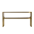 Sleek console table with a gold metal frame and glass shelves, offering a chic and contemporary addition to any living space, Front View.