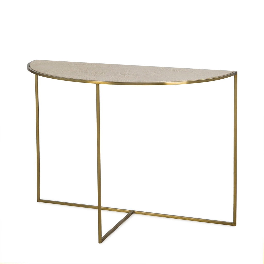 Half-moon console table with a beige textured top and thin metal legs, offering a sleek and elegant design for modern interiors, Angle View.