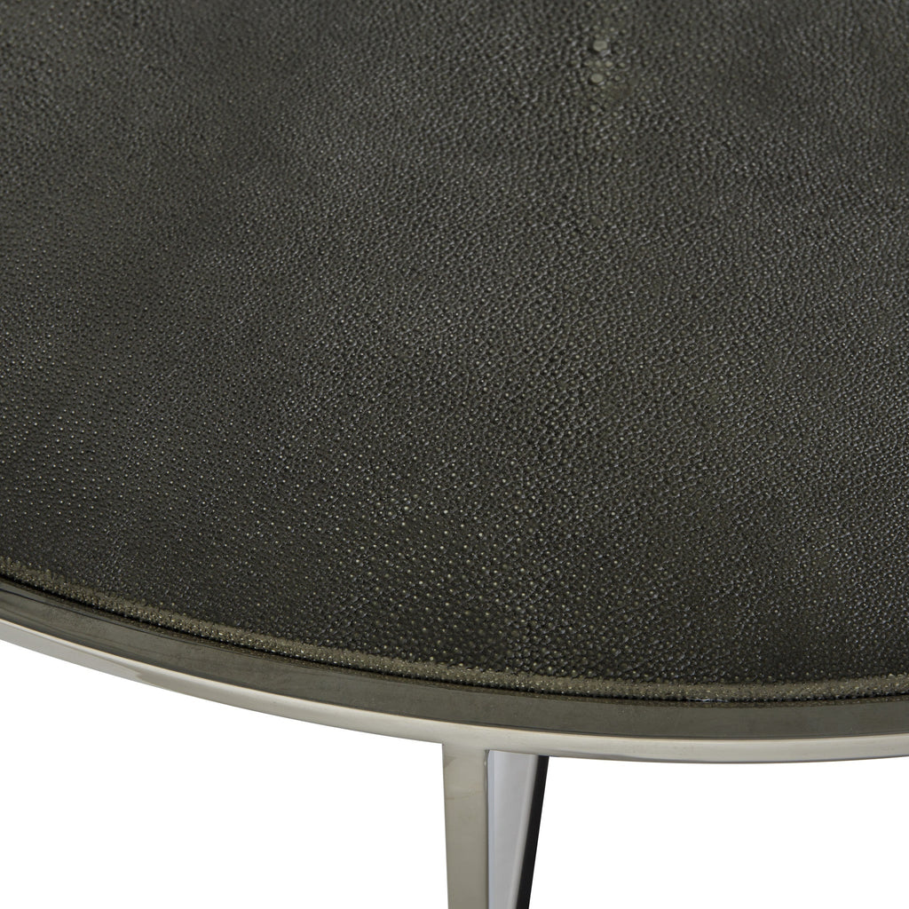 Modern half-moon console table with a black textured top and slim metal legs, offering minimalist elegance for entryways or living spaces, Detail View 2.