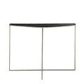 Modern half-moon console table with a black textured top and slim metal legs, offering minimalist elegance for entryways or living spaces, Front View.