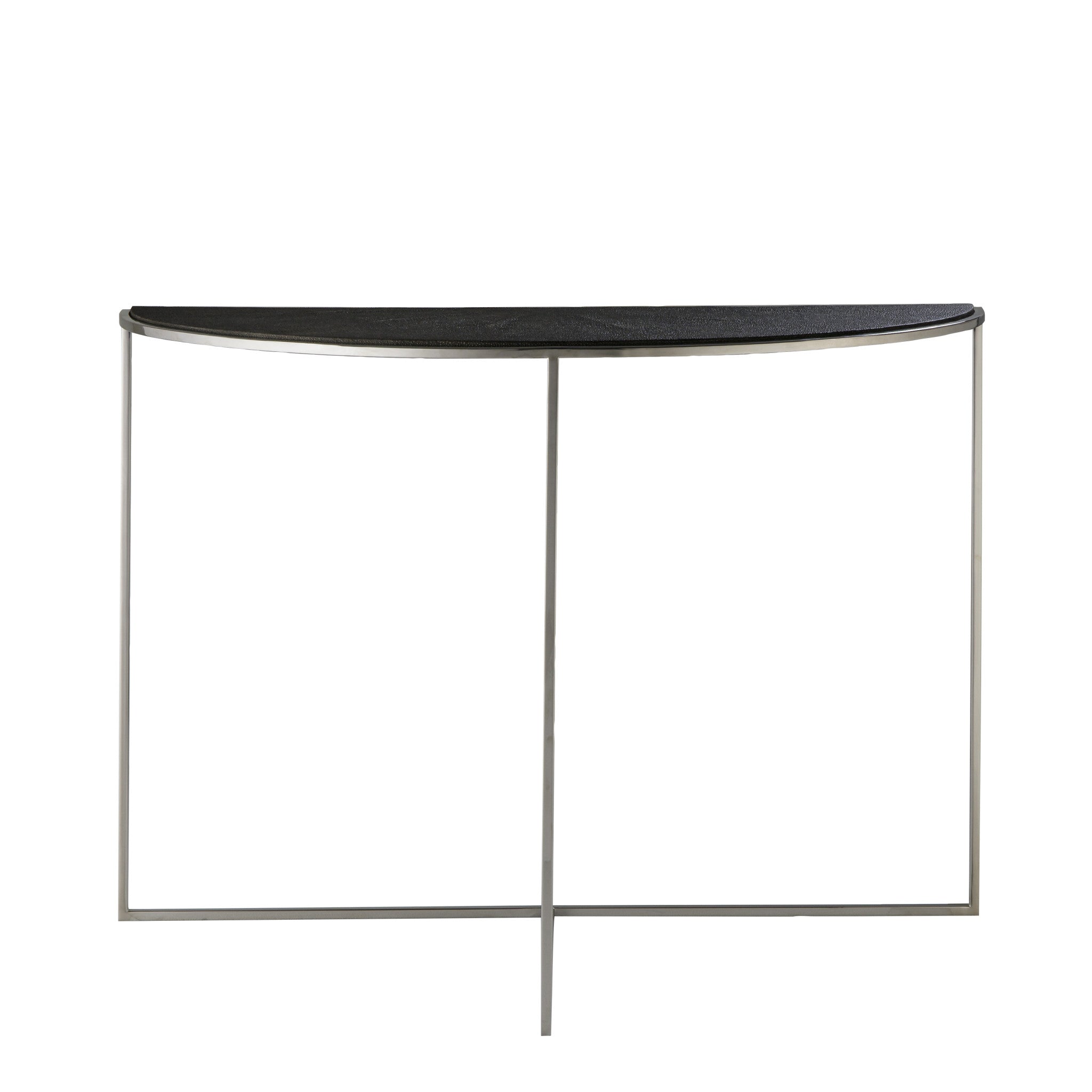 Modern half-moon console table with a black textured top and slim metal legs, offering minimalist elegance for entryways or living spaces, Front View.