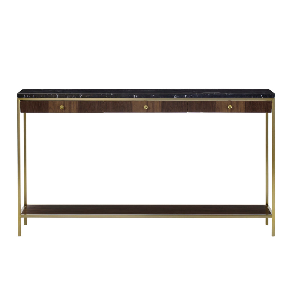 Small console table with a dark marble top, walnut veneer drawers, and gold metal legs, offering a luxurious and compact design for any room, Front View.