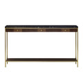 Small console table with a dark marble top, walnut veneer drawers, and gold metal legs, offering a luxurious and compact design for any room, Front View.