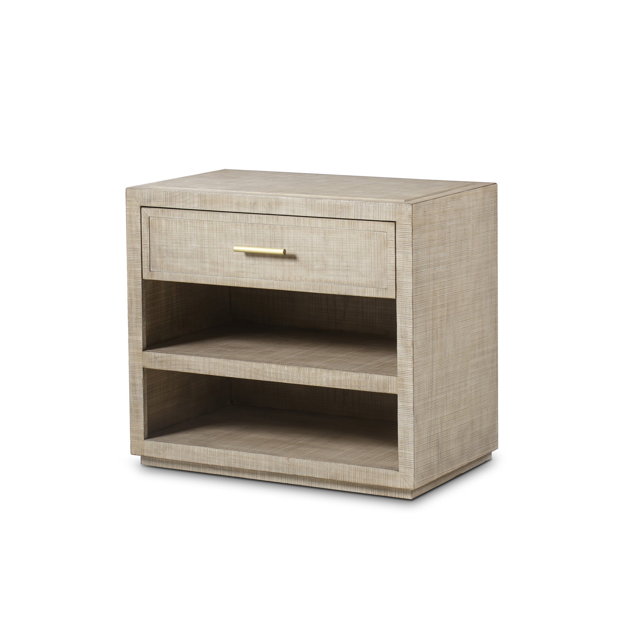  Natural wood nightstand with a single drawer and two open shelves, offering a minimalist design and practical storage for any bedroom, Angle View.