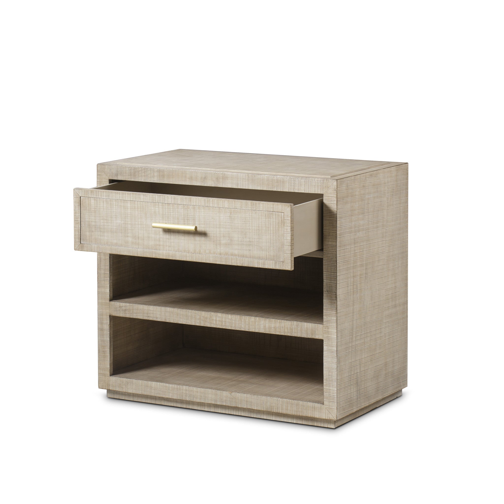  Natural wood nightstand with a single drawer and two open shelves, offering a minimalist design and practical storage for any bedroom, Drawer Open View.