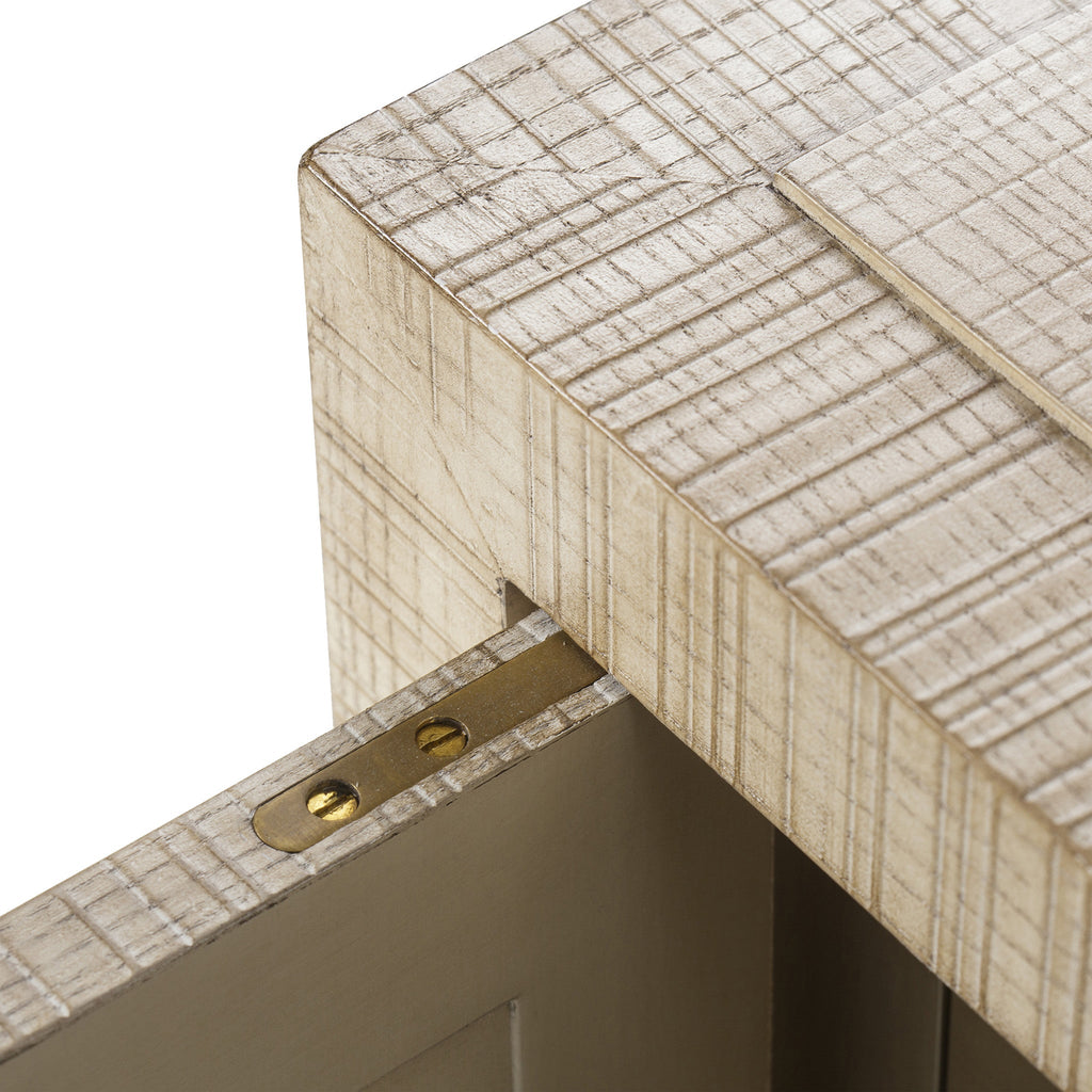 Natural wood cabinet with four doors and brass handles, offering a functional storage solution and a rustic charm for modern interiors, Detail View 1.