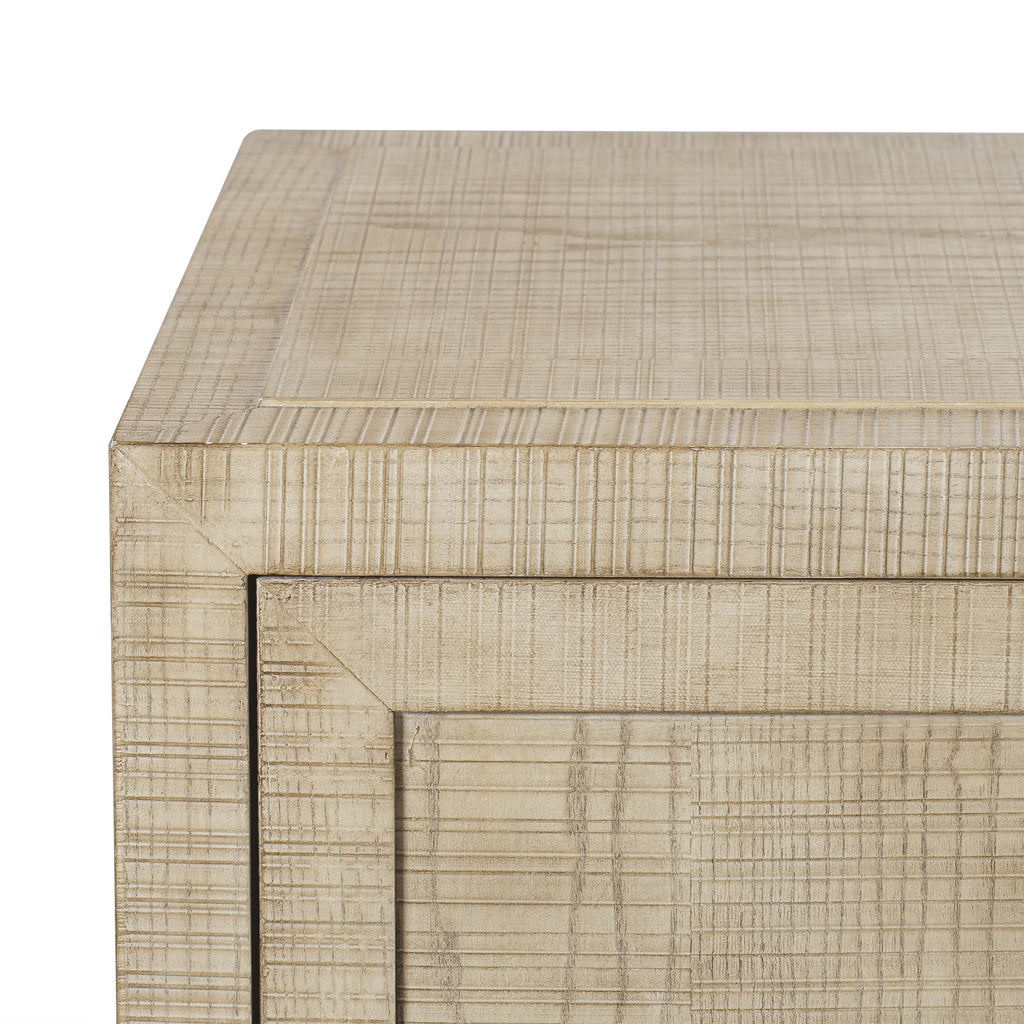 Natural wood cabinet with four doors and brass handles, offering a functional storage solution and a rustic charm for modern interiors, Detail View 4.