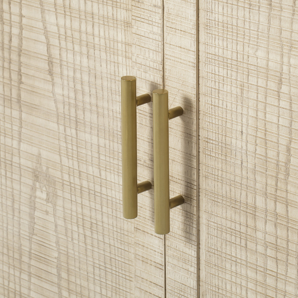 Natural wood cabinet with four doors and brass handles, offering a functional storage solution and a rustic charm for modern interiors, Detail View 5.