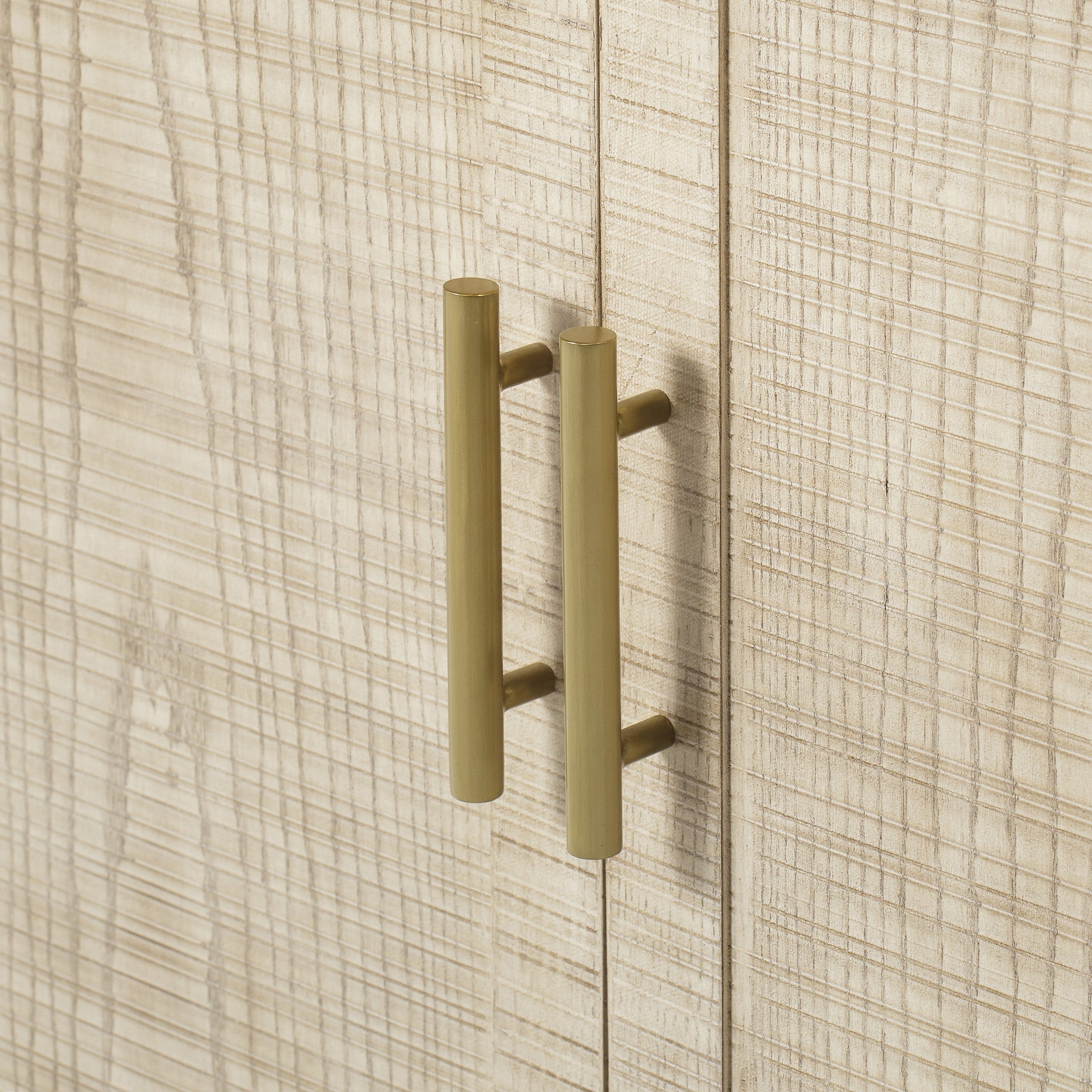 Natural wood cabinet with four doors and brass handles, offering a functional storage solution and a rustic charm for modern interiors, Detail View 5.