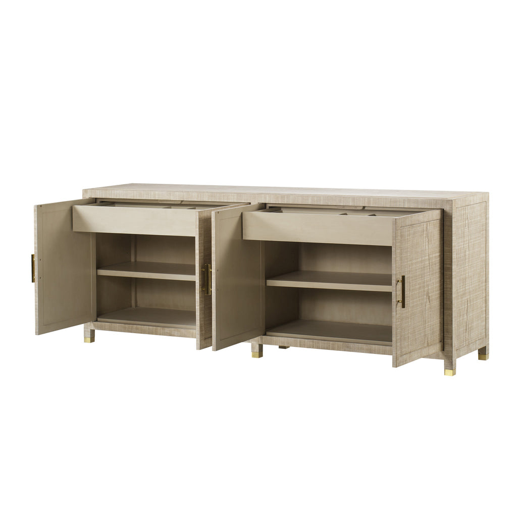 Natural wood cabinet with four doors and brass handles, offering a functional storage solution and a rustic charm for modern interiors, Drawers open View.
