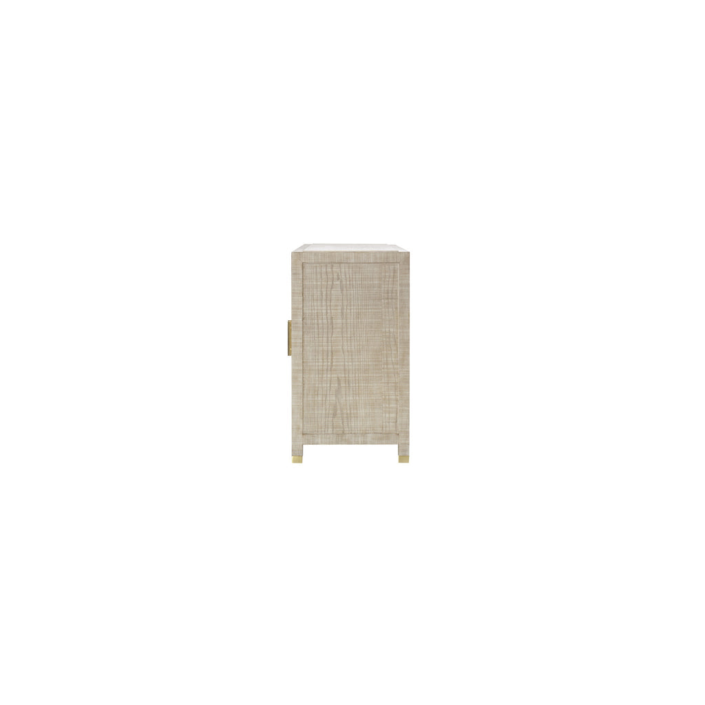 Natural wood cabinet with four doors and brass handles, offering a functional storage solution and a rustic charm for modern interiors, Side View.