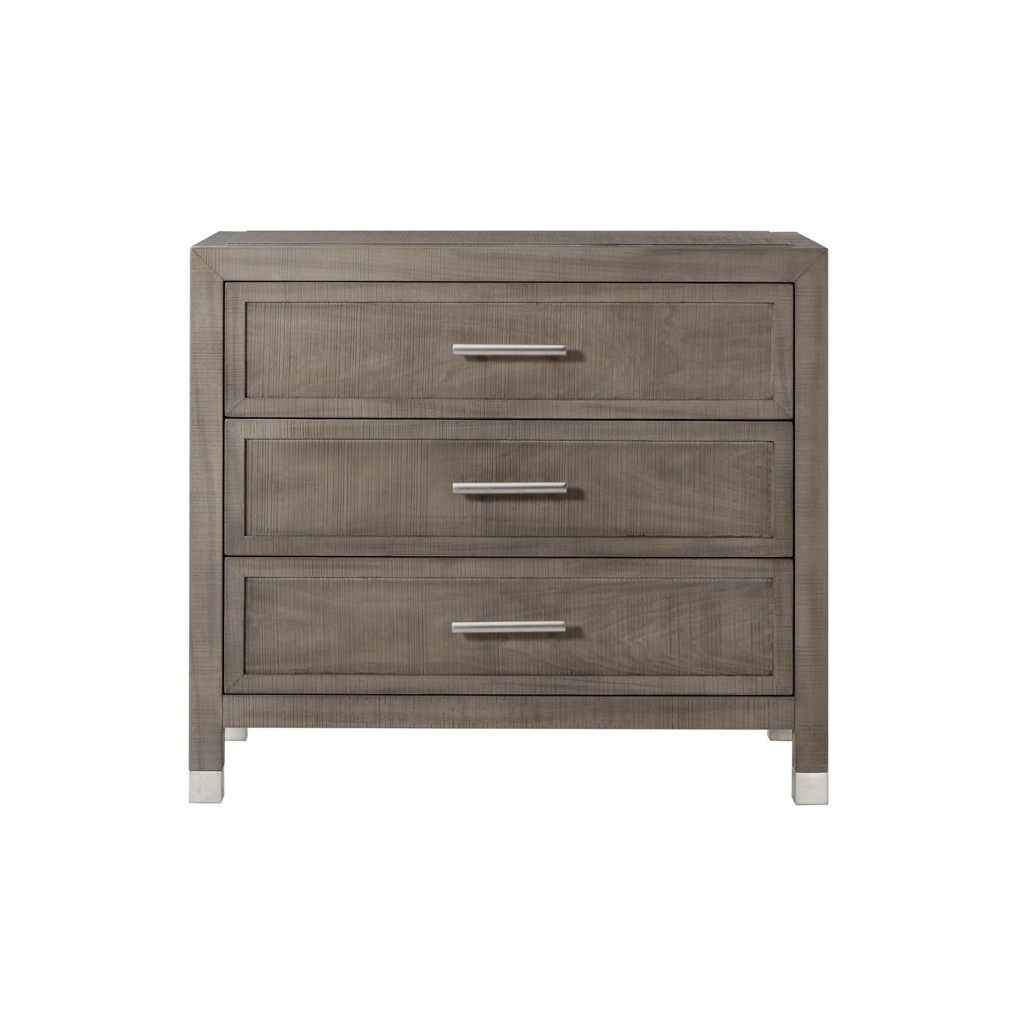 Modern three-drawer dresser in a grey and pewter finish, offering sleek metal handles and ample storage for bedroom essentials, Front View.