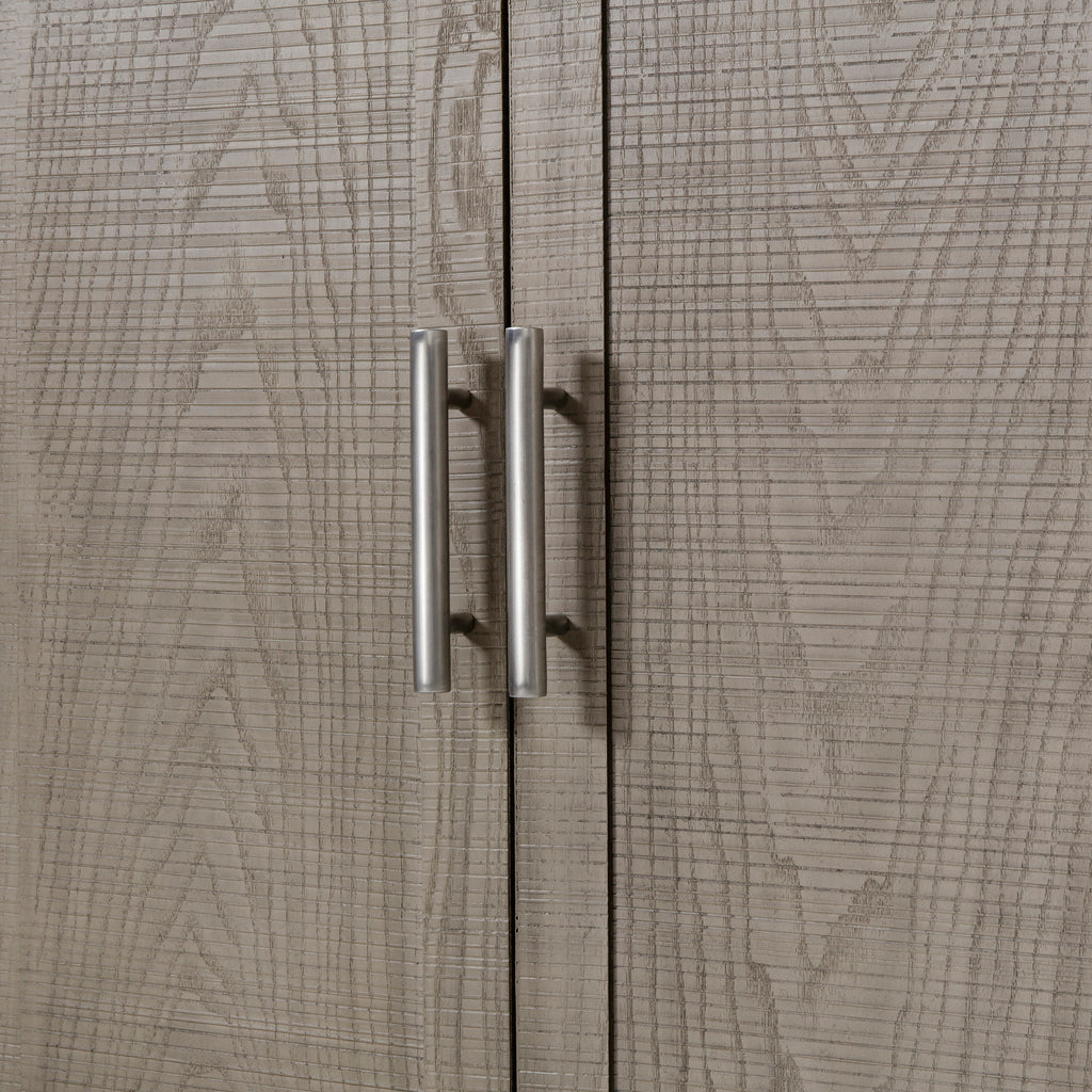 Contemporary cabinet with four doors in a grey and pewter finish, offering ample storage and a modern design for living or dining spaces, Detail View 3.