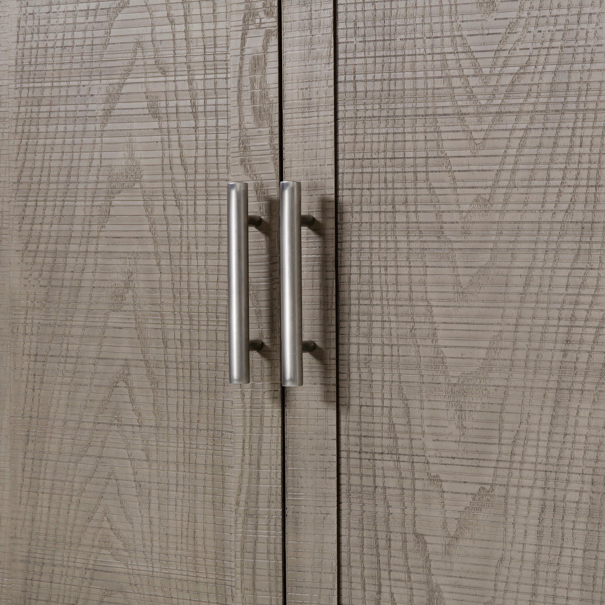 Contemporary cabinet with four doors in a grey and pewter finish, offering ample storage and a modern design for living or dining spaces, Detail View 3.