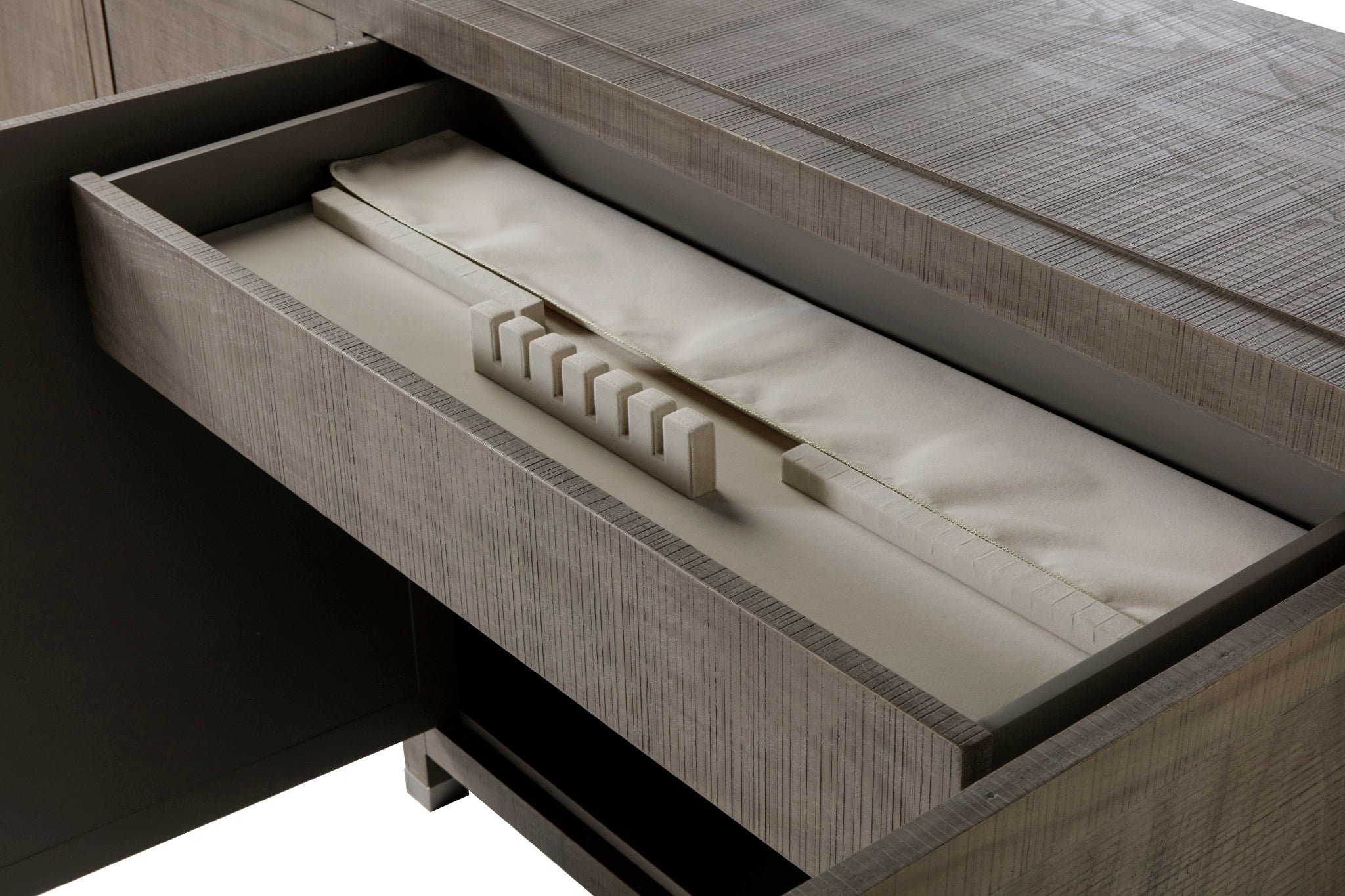 Contemporary cabinet with four doors in a grey and pewter finish, offering ample storage and a modern design for living or dining spaces, Detail View 4.