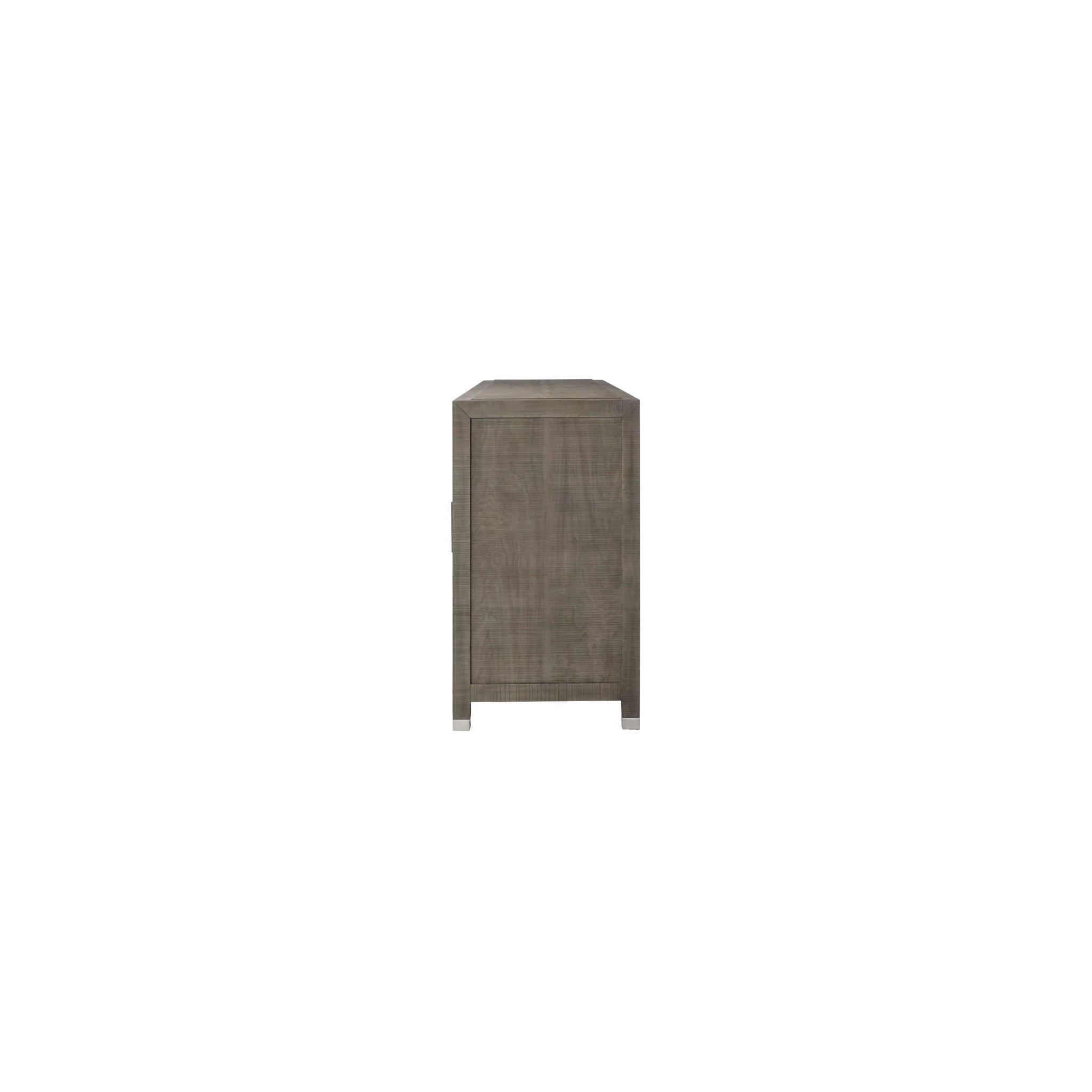Contemporary cabinet with four doors in a grey and pewter finish, offering ample storage and a modern design for living or dining spaces, Side View.