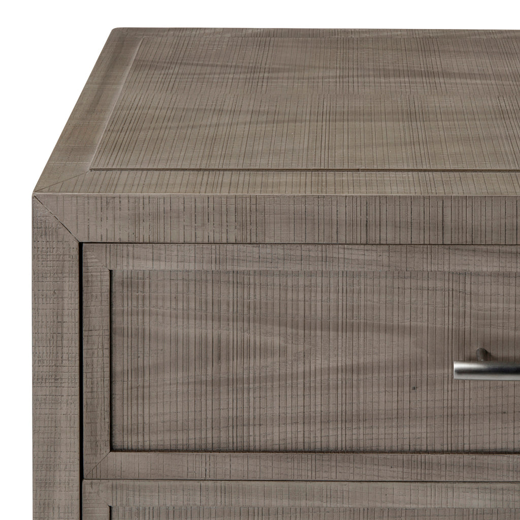 Modern three-drawer dresser in a grey and pewter finish, offering sleek metal handles and ample storage for bedroom essentials, Detail view 2.