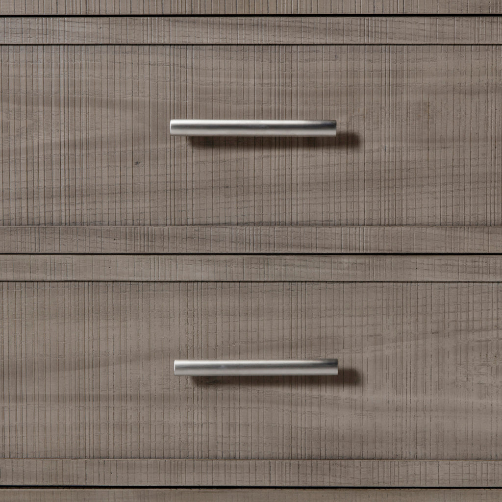 Modern three-drawer dresser in a grey and pewter finish, offering sleek metal handles and ample storage for bedroom essentials, Detail view 3.