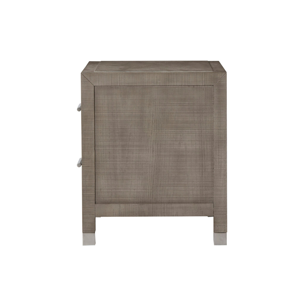 Modern three-drawer dresser in a grey and pewter finish, offering sleek metal handles and ample storage for bedroom essentials, Side view.