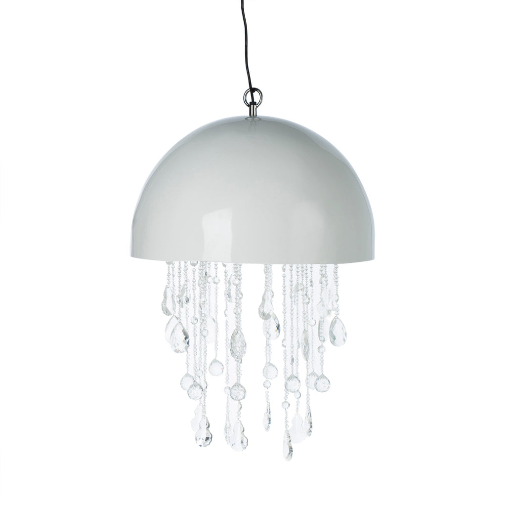 Modern pendant light with a glossy white dome shade and cascading crystal droplets, offering an elegant and contemporary lighting solution.