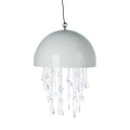 Modern pendant light with a glossy white dome shade and cascading crystal droplets, offering an elegant and contemporary lighting solution.