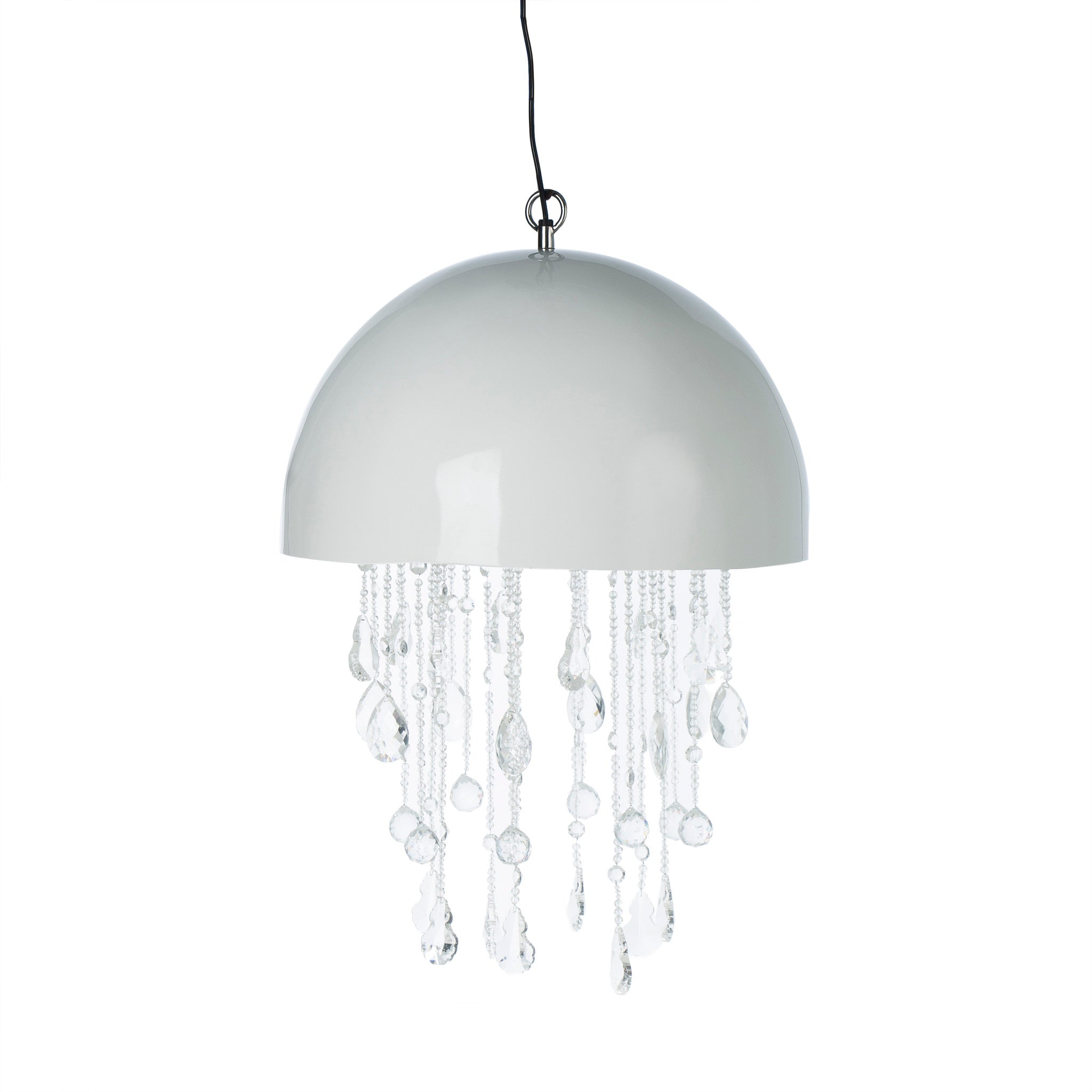 Modern pendant light with a glossy white dome shade and cascading crystal droplets, offering an elegant and contemporary lighting solution.