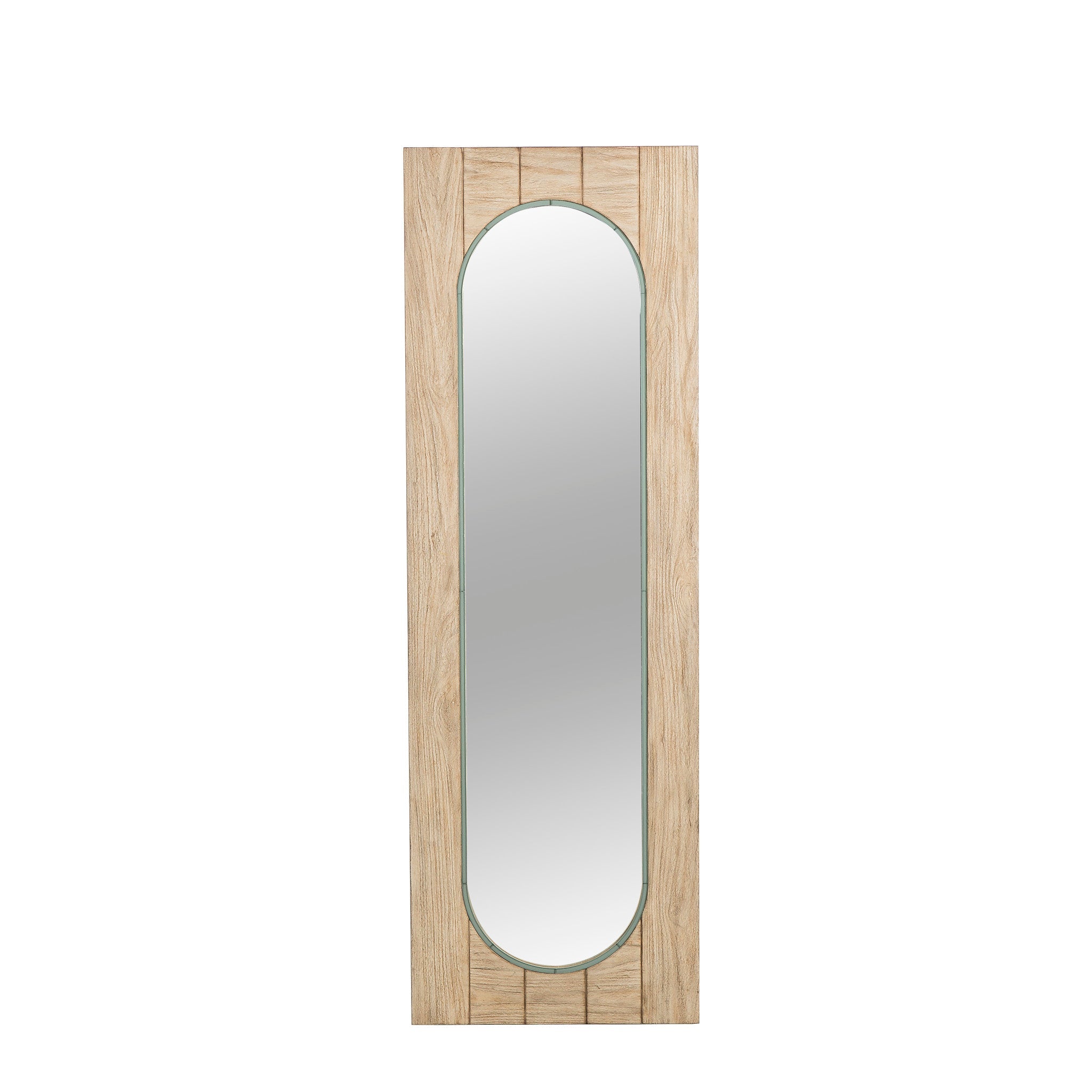  Tall mirror with an arched frame set in light wood, offering a stylish and functional addition to modern or rustic interiors, Front View.
