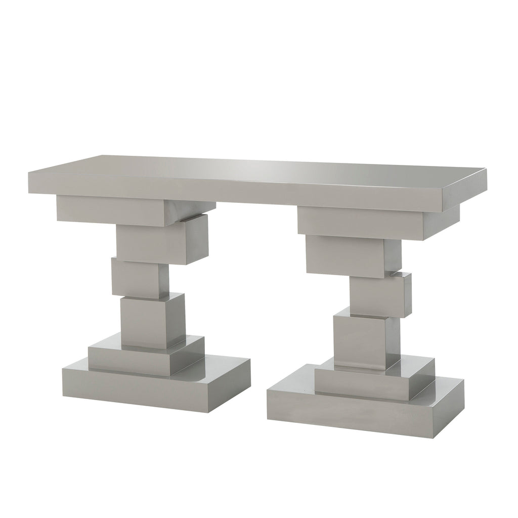 Modern console table with a stacked block design in a light gray finish, offering a bold and contemporary addition to any room, Angle View.