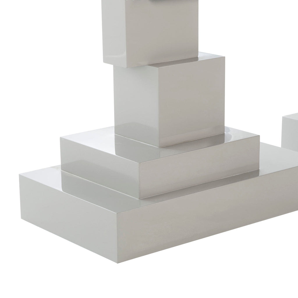 Modern console table with a stacked block design in a light gray finish, offering a bold and contemporary addition to any room, Detail View 1.